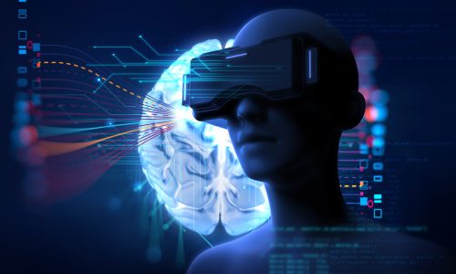 3d rendering of virtual human in VR headset on futuristic technology and programming languages background represent virtual reality technology .